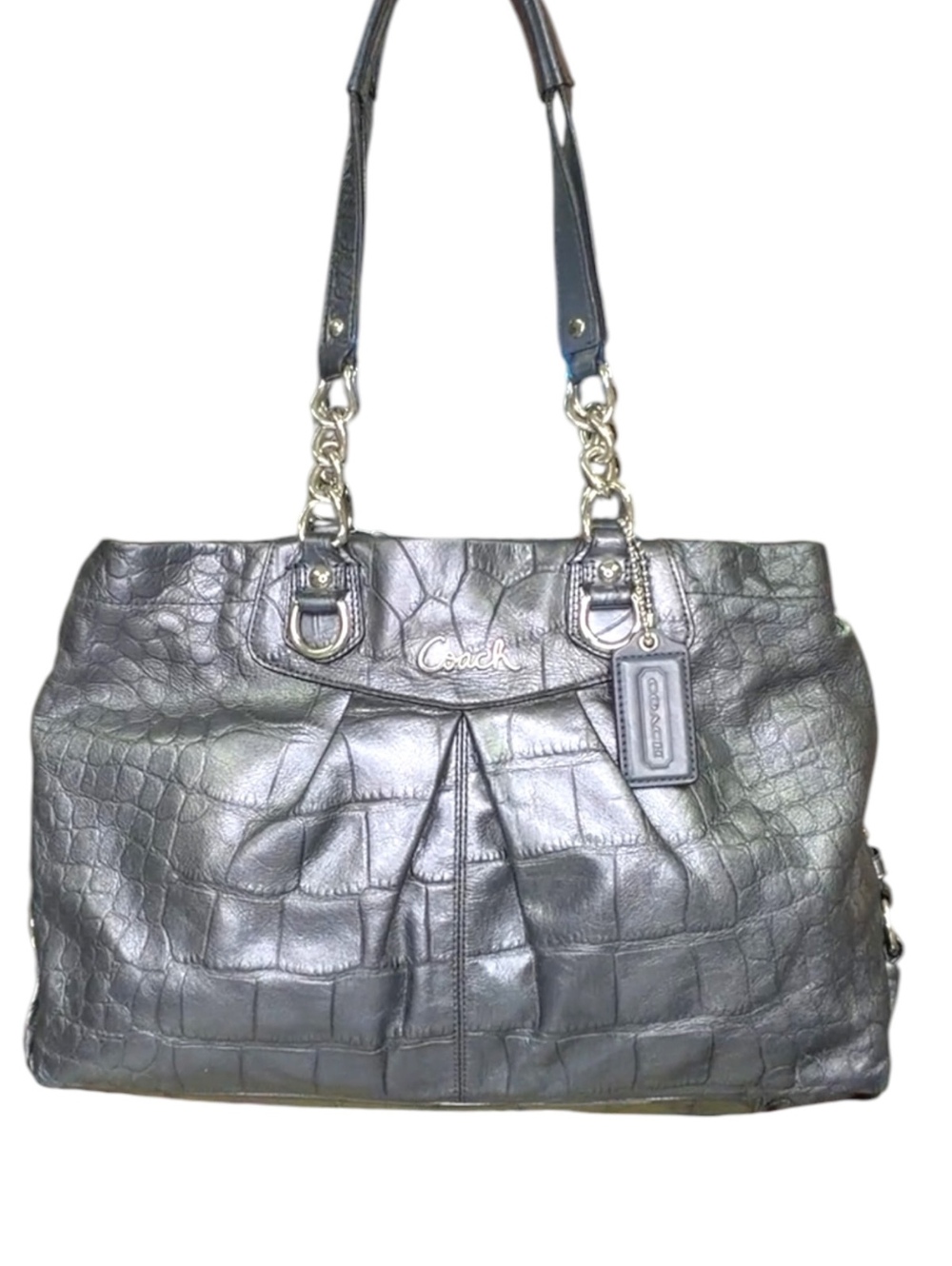 Coach Ashley Embossed Crocodile Leather Tote Shoulder Bag Metallic Pewter Gray